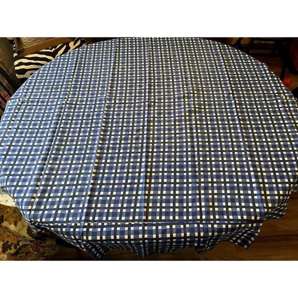 Vintage Handmade Cotton Tablecloth Blue Plaid Checkered 68" Square - Picture 1 of 3